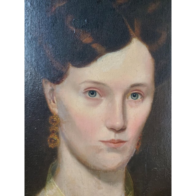 Antique 19th Century American Folk Art Oil Painting Portrait of a Woman in Black For Sale - Image 4 of 17