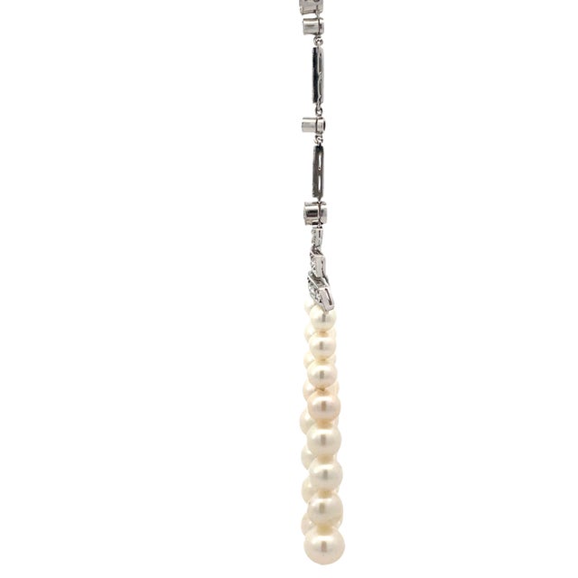 Modern Vintage Platinum 1.5 Carat Weight Diamond & Strand Pearl Drop Necklace For Sale - Image 3 of 9