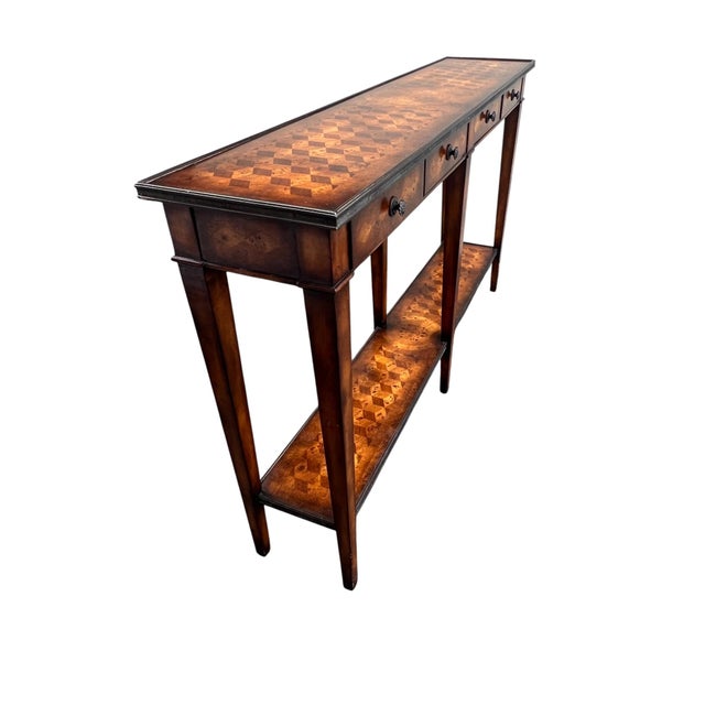 1990s Theodore Alexander Nice Parquet Brass Trim Console Table For Sale - Image 13 of 17