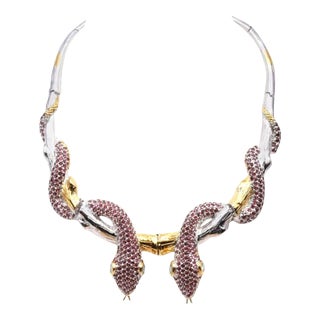 Cleopatra Style Necklace 20 Carat Red Garnet Blue Topaz Sterling Silver Gold Double Snake Branch For Sale