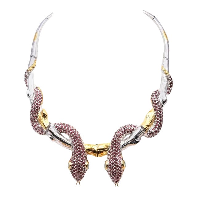Cleopatra Style Necklace 20 Carat Red Garnet Blue Topaz Sterling Silver Gold Double Snake Branch For Sale