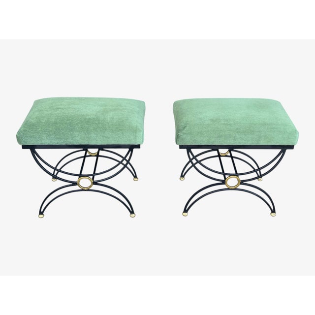 Contemporary 1980s Hand-Forged Sculptural Wrought Iron Accent Benches in Dark Green Mohair- A Pair For Sale - Image 3 of 13