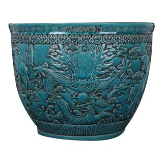 Early 21st Century Jingdezhen Hand Carved Ceramic Turquoise Blue Planter With Zodiac Motif For Sale