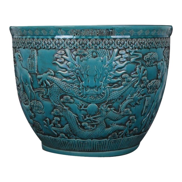 Early 21st Century Jingdezhen Hand Carved Ceramic Turquoise Blue Planter With Zodiac Motif For Sale