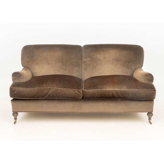 George Smith Style Mocha Brown Upholstered &nbsp;Sofa, on four carved wood feet, two on casters. 36.5" H x 72" W x 36" D;...