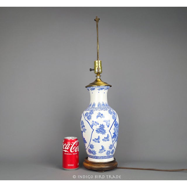 Vintage Blue and White Chinoiserie Porcelain Vase Lamp With Birds Flowers and Butterflies For Sale - Image 11 of 12
