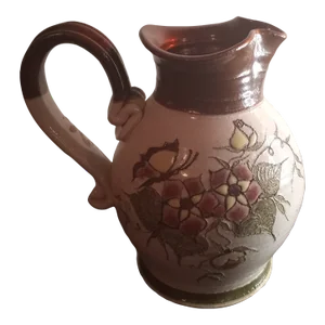 1960s Signed Clay Belly Mexico Hand-Painted Floral Applique Pitcher