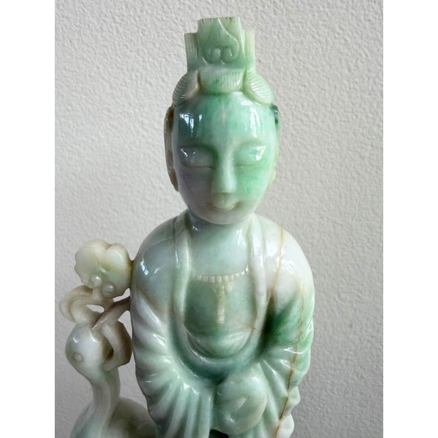 Asian Pair 10" Antique Chinese Qing Natural Jadeite Jade Kuan Yin With Cranes & Stands For Sale - Image 3 of 12