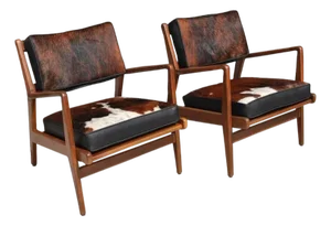 1960s Pair of Vintage Restored Mid Century Jens Risom Style Lounge Chairs in Cowhide