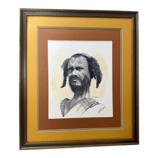 Vintage Original Sol Schreibman Jewish Rabbi Man Pencil Drawing Sketch Portrait For Sale