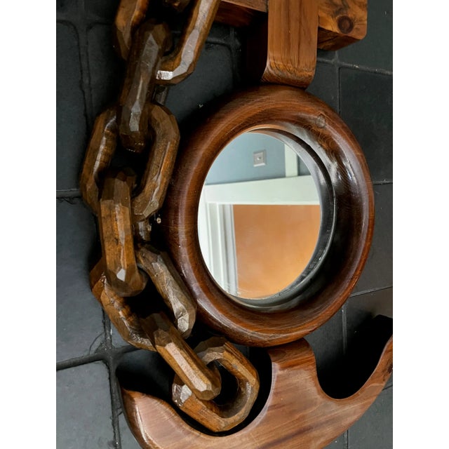 Mid-Century Modern Nautical Folk Art Hand-Carved MCM Wooden Anchor and Chain Mirror For Sale - Image 3 of 9