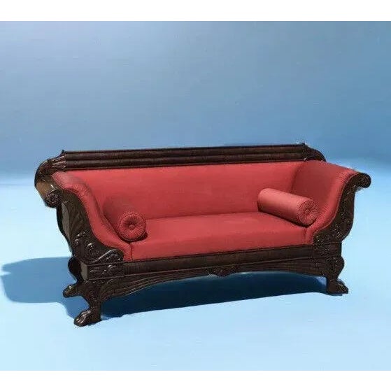 Antique Mahogany 3 Seater Sofa with Curved Ends And Lions Paw Feet. Stunning!!! Size :- 220cms wide, 65 cms depth, 96 cms...