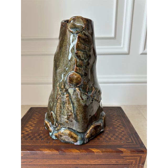 Vintage Large Handcrafted Brutalist Ceramic Vase in Olive Green & Brown For Sale - Image 11 of 18