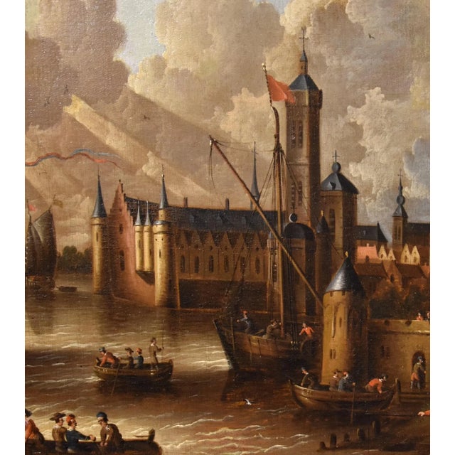 Peter Van Der Velde, Marina Landscape with Boats, 1700, Oil on Canvas For Sale - Image 7 of 16