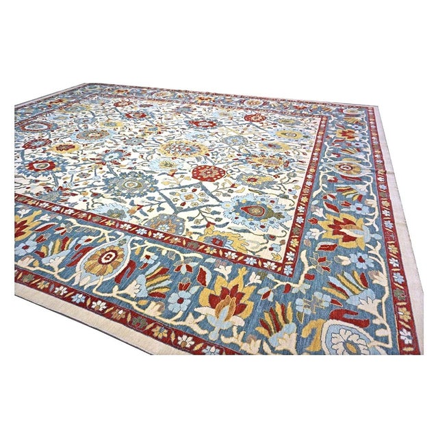 Textile Afghan Sultanabad Wool 13x16 Ivory, Red & Light Blue Handmade Area Rug #1143763 For Sale - Image 7 of 12