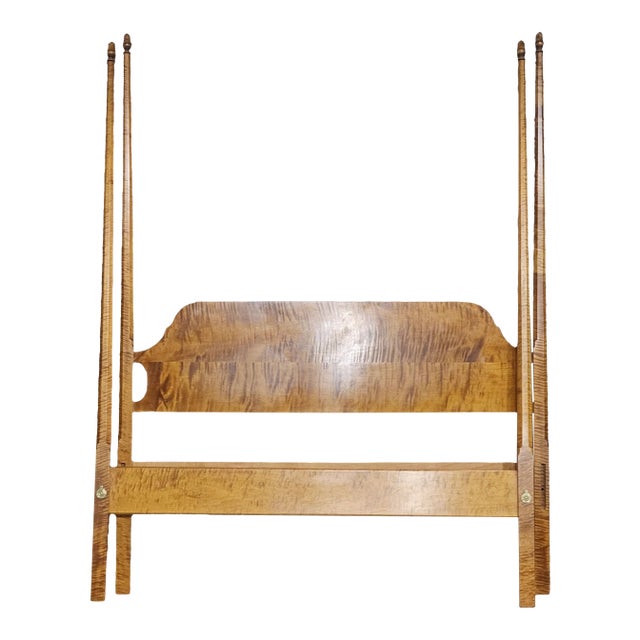 Late 20th Century Benchmade Tiger Maple Queen Size Pencil Post Canopy Carved Bed For Sale
