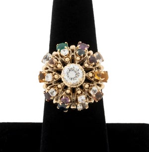 14k Yellow Gold and Multicolored Gemstone Cluster Ring
