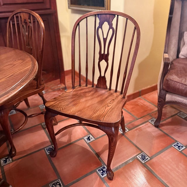 Vintage Nichols & Stone Oak Round Oval Dining Table Windsor Chairs 7p Set For Sale - Image 10 of 17