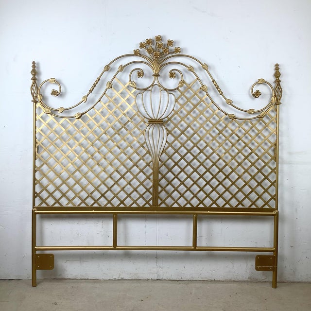 Bring timeless Hollywood Regency elegance to the bedroom with this vintage gilt metal headboard, showcasing an ornate...