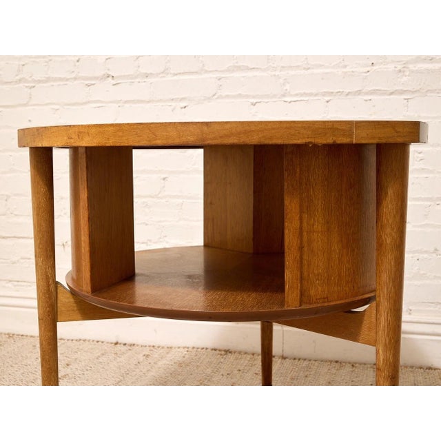 Wood Vintage Brown Saltman Mid-Century Modern Round Walnut Side Table With Geometric Top For Sale - Image 7 of 12
