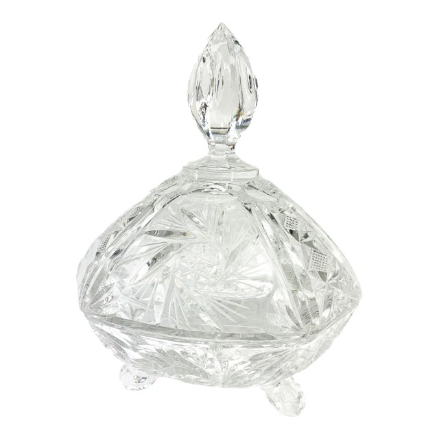 Vintage Cut Crystal 3 Leg Swirled Star Pinwheel Design Covered Candy Dish For Sale