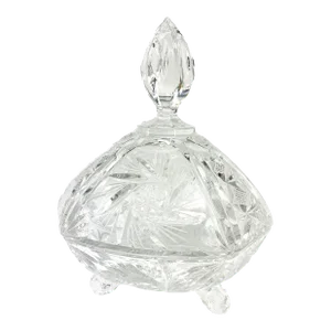 Vintage Cut Crystal 3 Leg Swirled Star Pinwheel Design Covered Candy Dish