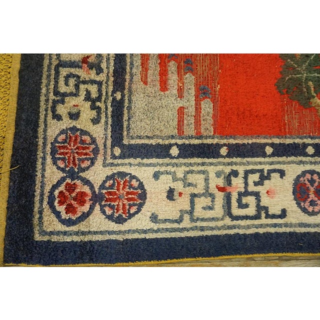 Extraordinary Ruby Red Background Color With Floral and Peacock Design Vintage Chinese Silk Rug For Sale - Image 10 of 12