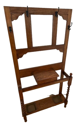 Early 20th Century Antique Hall Tree Glove Box Umbrella Stand Barley Twist Oak Mirror