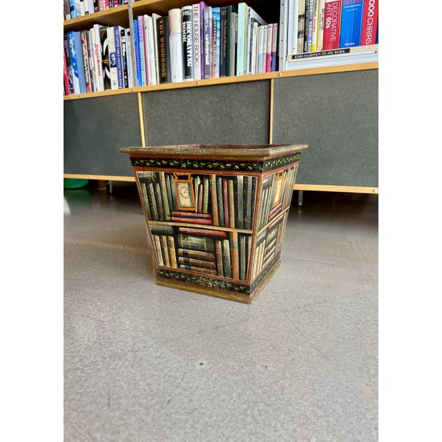Vintage 1950s Trompe L’Oeil Painted Wood Book Motif Cachepot Planter Basket Fornasetti Style For Sale In Las Vegas - Image 6 of 16