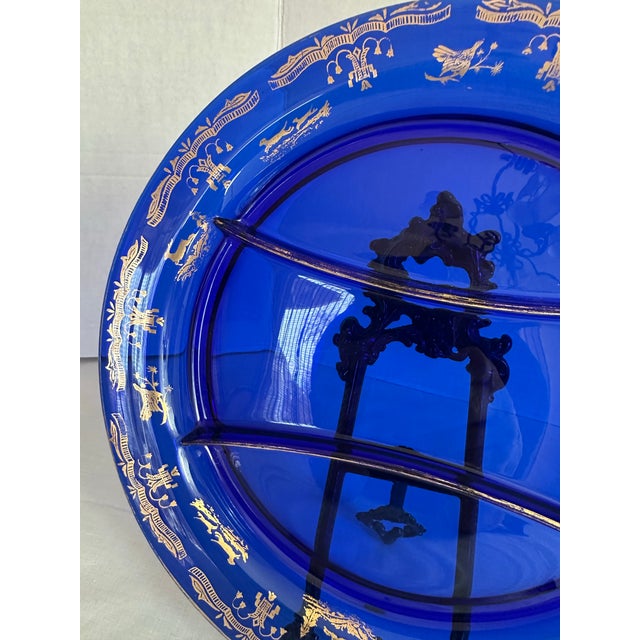 Vintage Cobalt Blue Glass Divided Serving Dish With Gold Decorations For Sale - Image 4 of 9