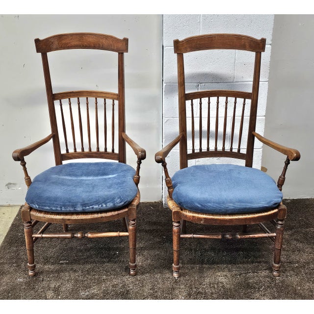 Pair 19th Century French Provincial Beechwood and Fruitwood & Rush Seat High-Back Armchairs For Sale - Image 4 of 12