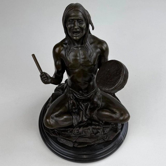Seated Native American Drummer Figural Sculpture, 20th Century, Bronze For Sale - Image 10 of 12