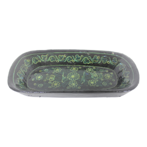 Vintage Kashmir Lacquered Wood Bowl Handmade Hand Painted Floral Leaf Bird Black Green
