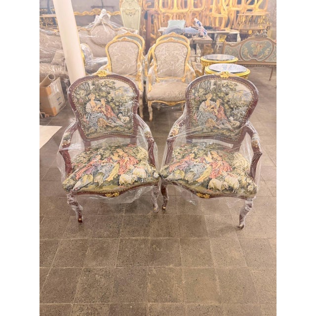 Gold Early 19th Century Mahogany Fauteuil Romeo & Juliet Tapestry Armchairs For Sale - Image 8 of 8