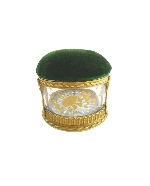 Antique French Crystal Dresser Box With Pin Cushion / Velvet Pin Holder / Hand Painted Gilt Details Bronze Dore / Arrow Quiver Wreaths