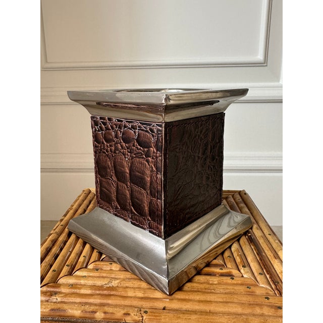 Metal Vintage Leather and Silverplate Ralph Lauren Style Pillar Candleholder For Sale - Image 7 of 18
