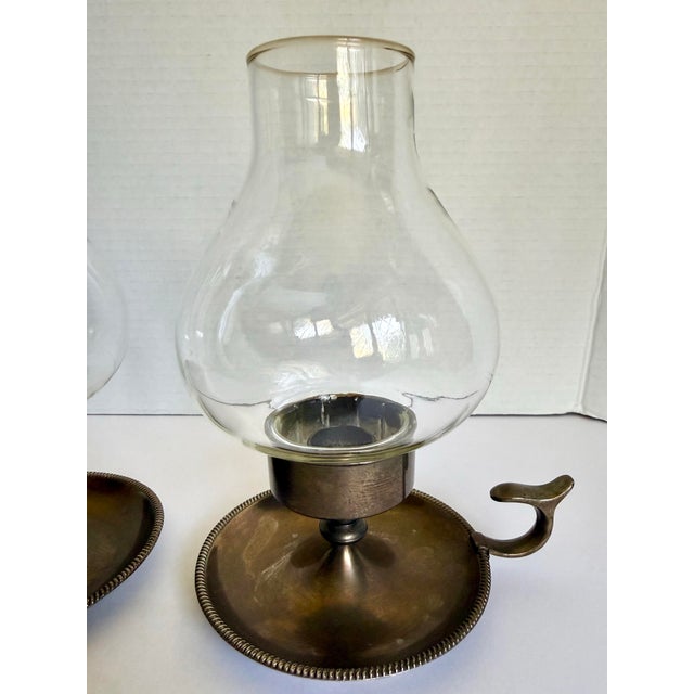 1970s Pair of Vintage Chamberstick Candle Holders With Glass Chimneys and Finger Handles For Sale - Image 5 of 8