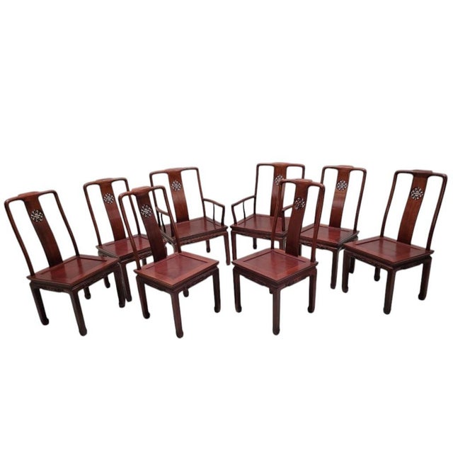 Vintage Imported Asian Rosewood Carved Longevity Extending Dining Table and 8 Chairs Intricately handcrafted from solid...