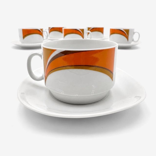 Bavaria Orange Graphic Coffee Cups from Schirnding, 1970s, Set of 6 For Sale - Image 4 of 8