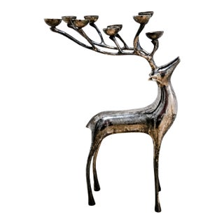Large Vintage Silver-Tone Stag Deer 10-Light Antler Candelabra For Sale