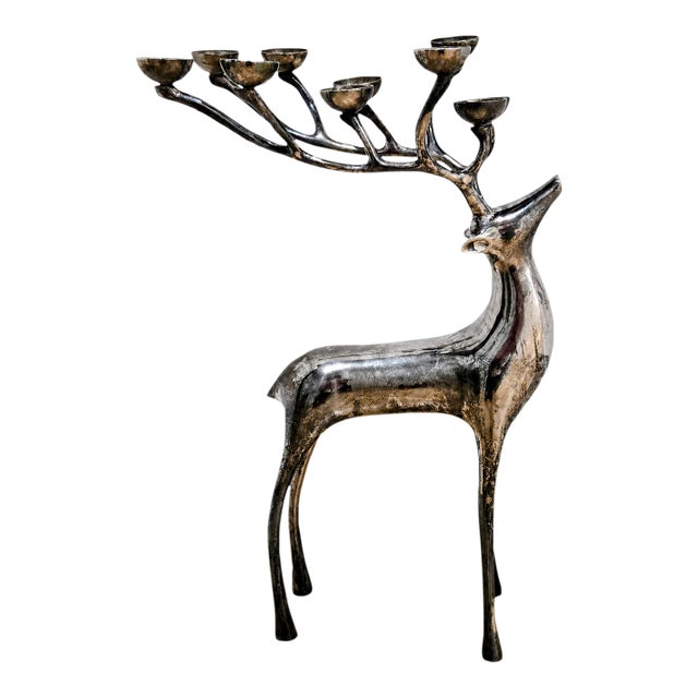 Large Vintage Silver-Tone Stag Deer 10-Light Antler Candelabra For Sale
