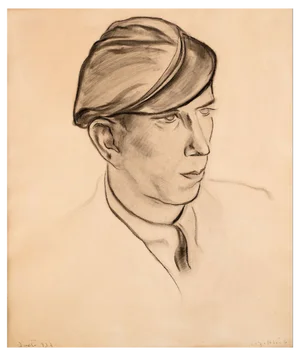 Leopold Gottlieb, Portrait of a Man in a Cap, 1932, Charcoal Drawing