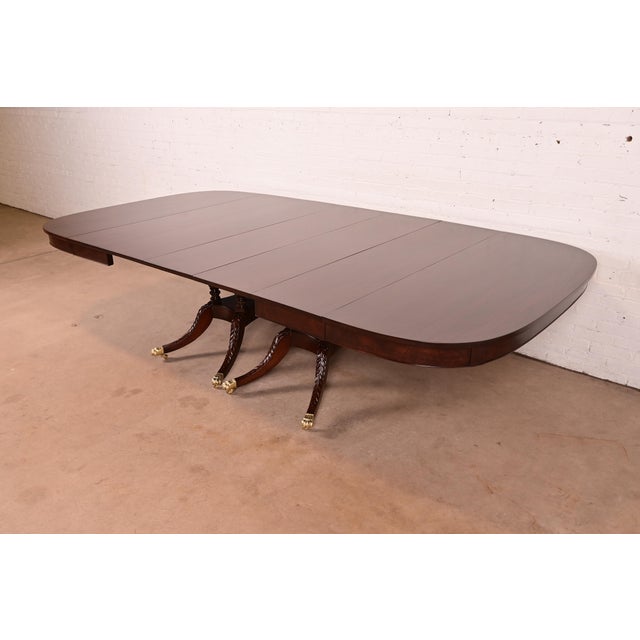 English Baker Furniture Style Georgian Mahogany Double Pedestal Extension Dining Table, Newly Refinished For Sale - Image 3 of 15
