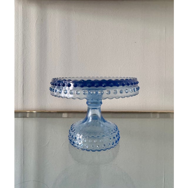 Vintage L E Smith Blue Glass Hobnail Pedestal Cake Stand For Sale - Image 4 of 5
