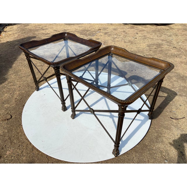 Vintage Attributed to Matiland Smith Nail Head Leather and Glass End Side Tables À Pair For Sale - Image 16 of 18