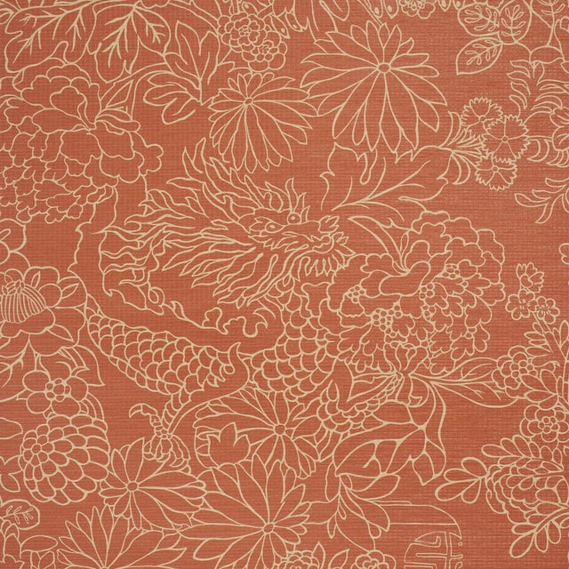 Schumacher Chiang Mai Dragon Silhouette Raffia Wallcovering In Terracotta For Sale