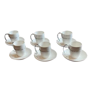 Vintage White and Silver Porcelain Demitasse Cups and Saucers Set- 12 Pieces