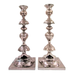 Antique Fraget N Plaque Sabbath Candlesticks 19th Century Judaica, a Pair