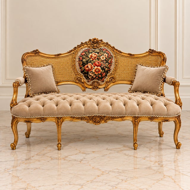 This exquisite French Rococo-inspired sofa combines plush beige velvet upholstery with an elaborately carved wood frame...