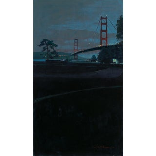 Light Thread by Stephanie Hartshorn | Oil on wood painting of the Golden Gate Bridge at night For Sale